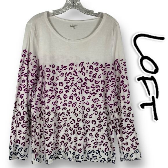 LOFT Tops - Loft Long Sleeve T-Shirt White Purple Ombre Leopard 100% Cotton Womens Sz Small